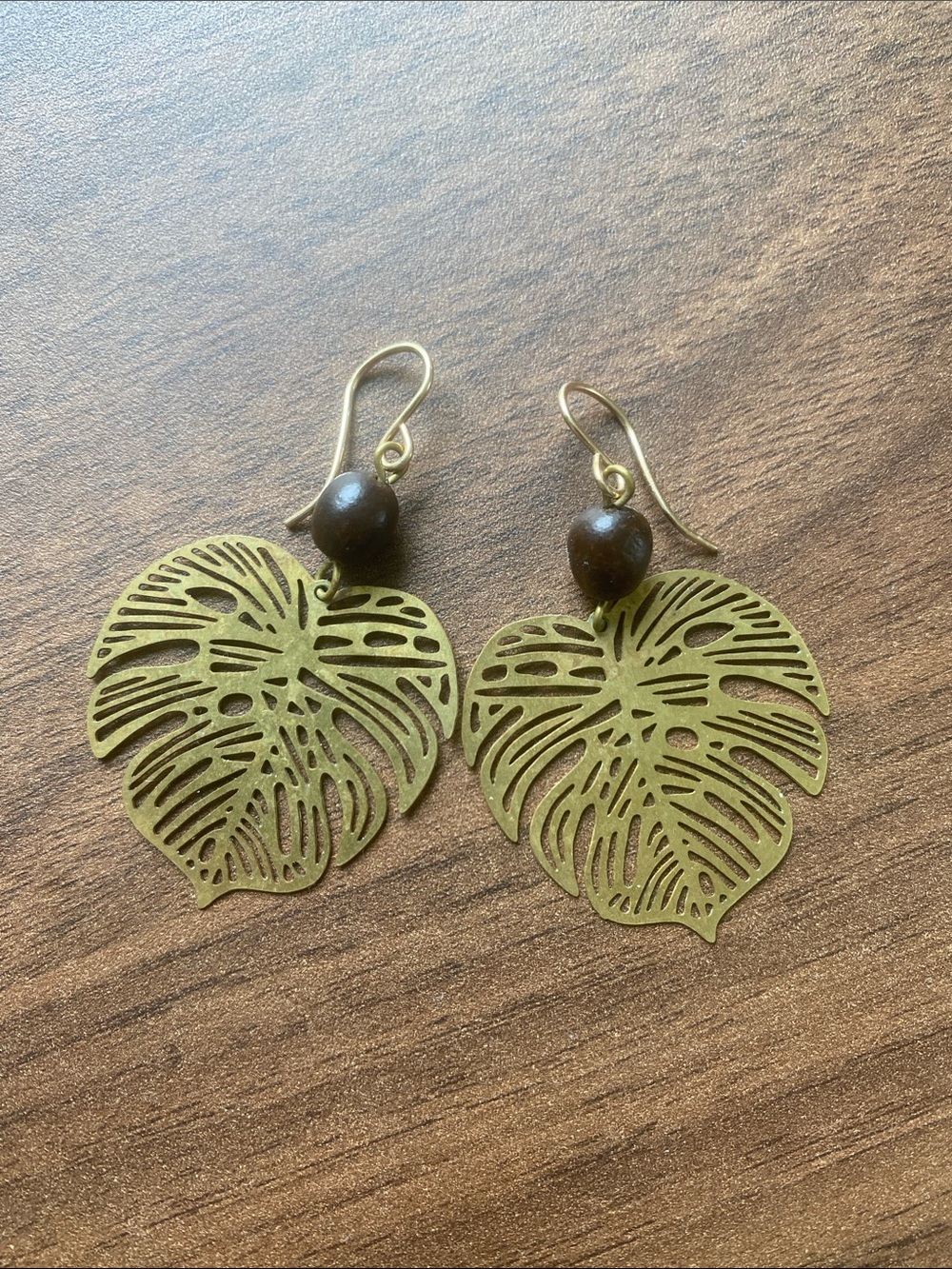Monstera Leaf Dangle Earrings with Brown Bead